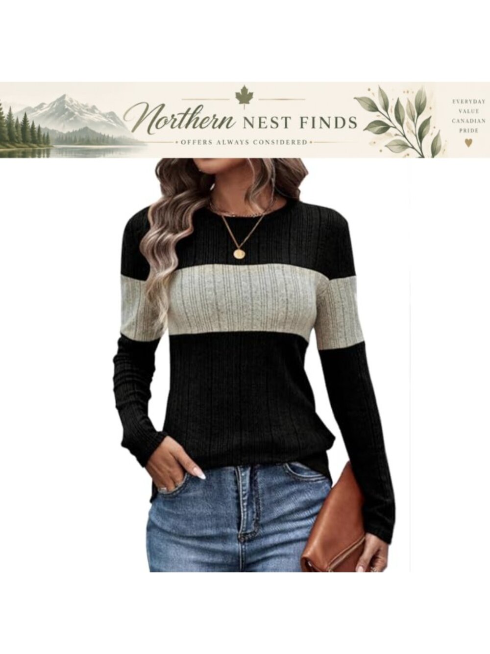 Women Long Sleeve Crewneck Color Block Ribbed Casual Fall Top